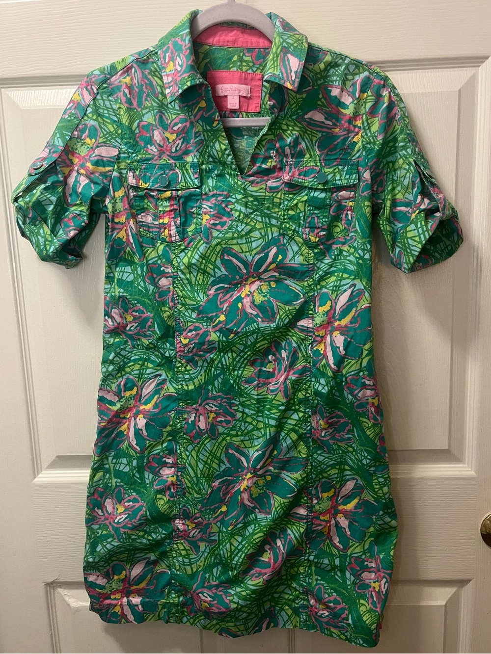 Lily Pulitzer Tropical Green Floral Shirt Dress Sz 2 side zip lightweight cotton